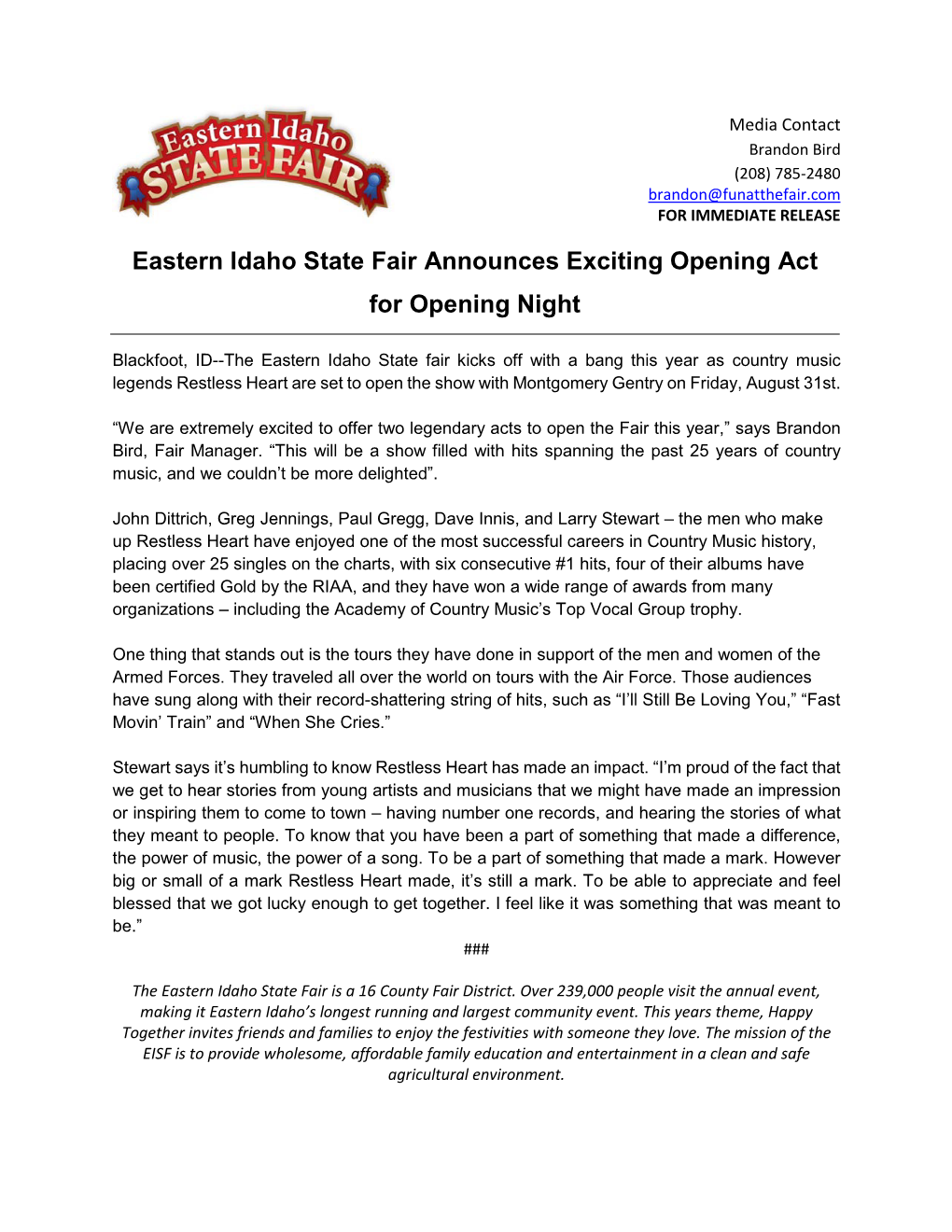 Eastern Idaho State Fair Announces Exciting Opening Act for Opening Night