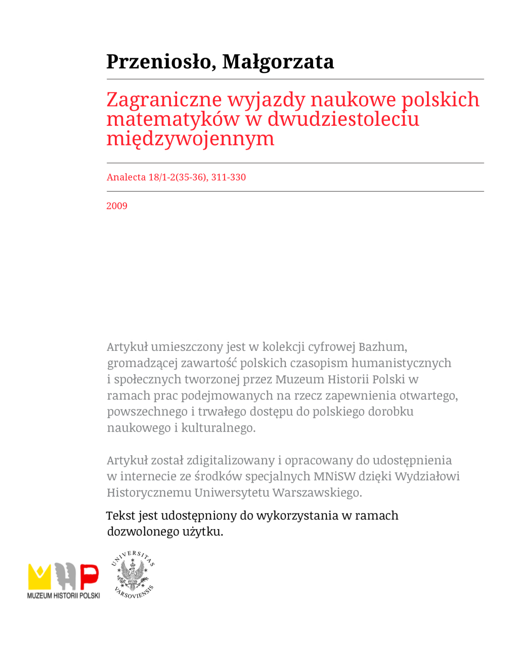 Zagraniczne Wyjazdy Naukowe Polskich Matematyków W Dwudziestoleciu Międzywojennym