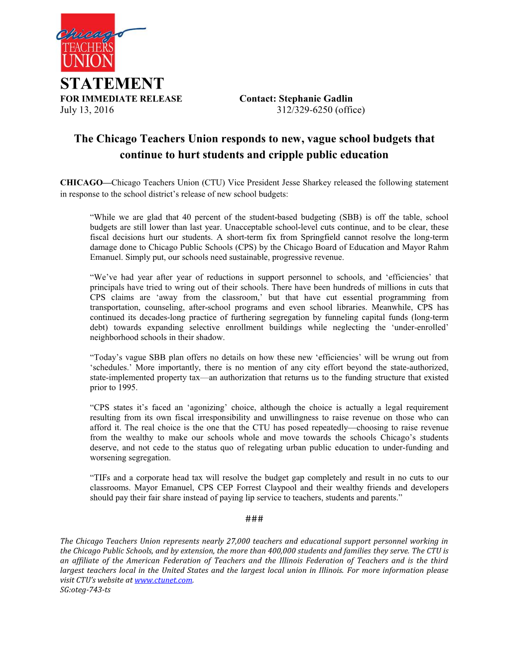 CTU Statement on School Budgets.Pdf