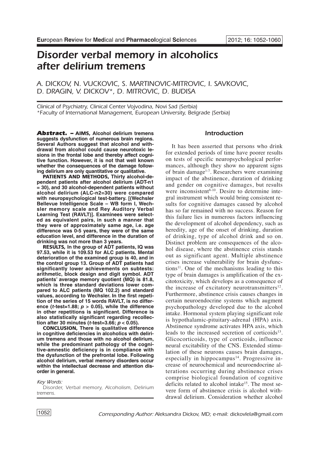 Disorder Verbal Memory in Alcoholics After Delirium Tremens