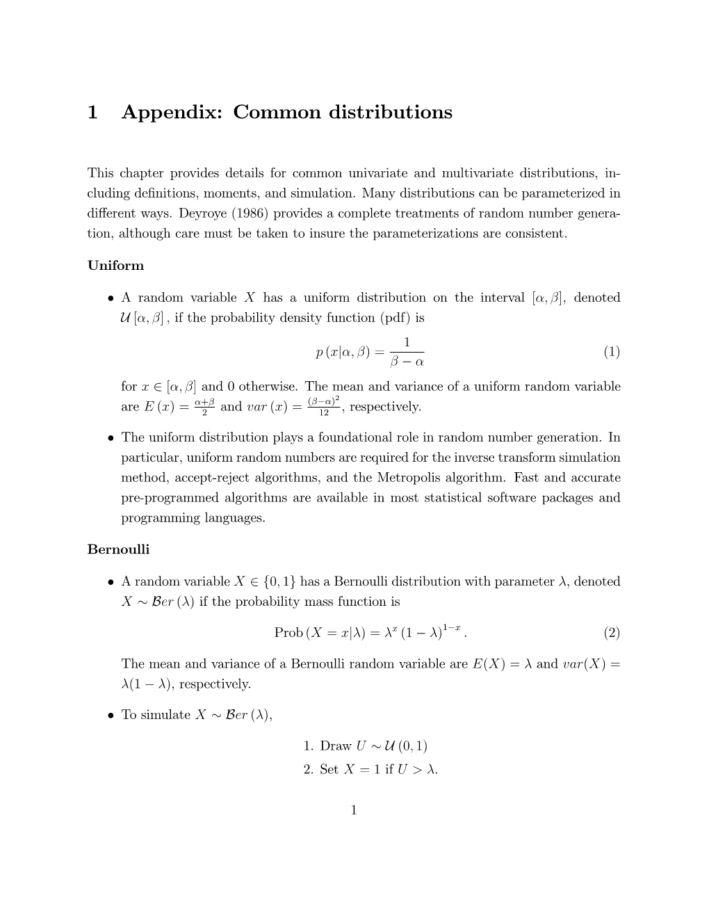 1 Appendix: Common Distributions