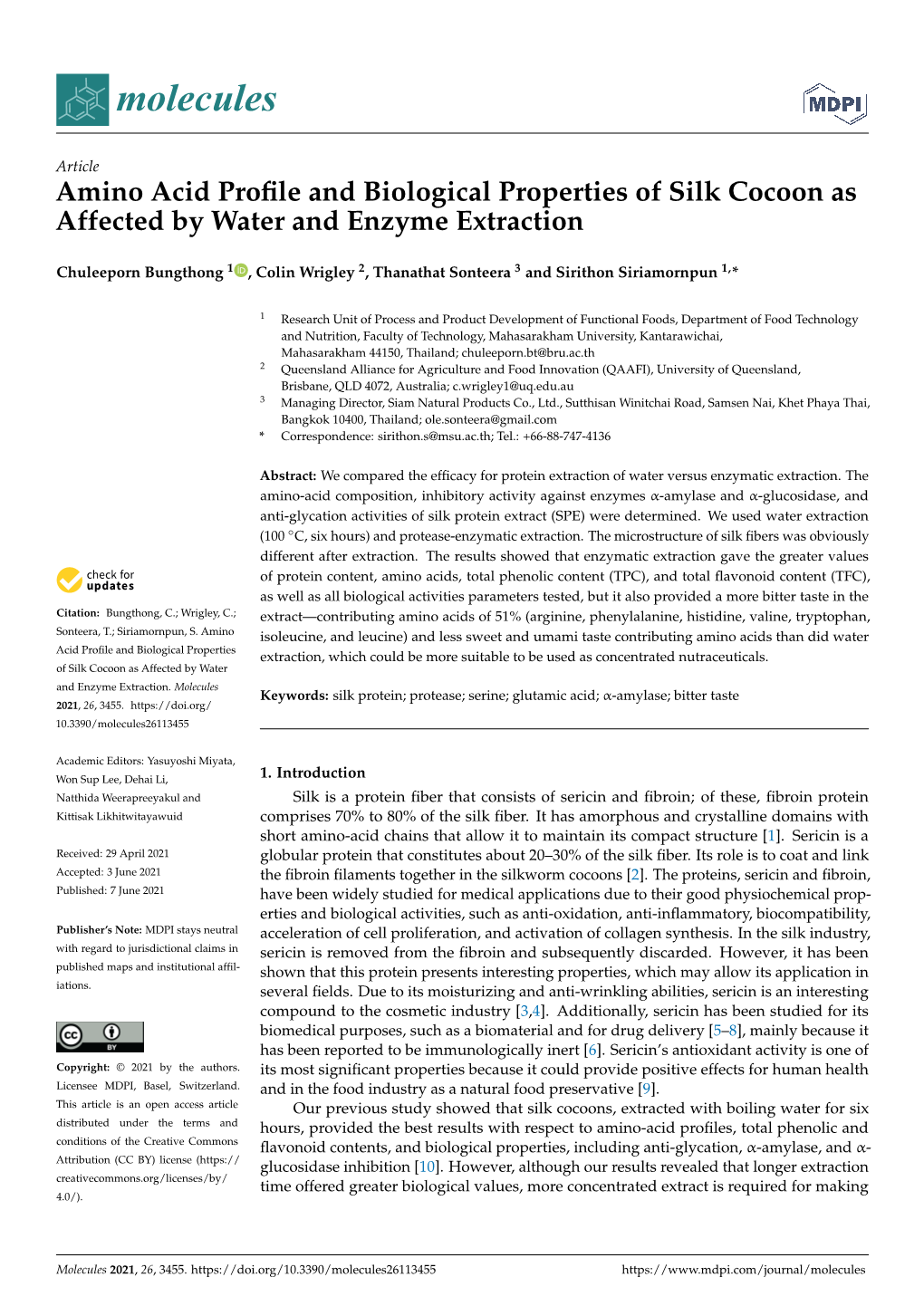 Amino Acid Profile and Biological Properties of Silk Cocoon As