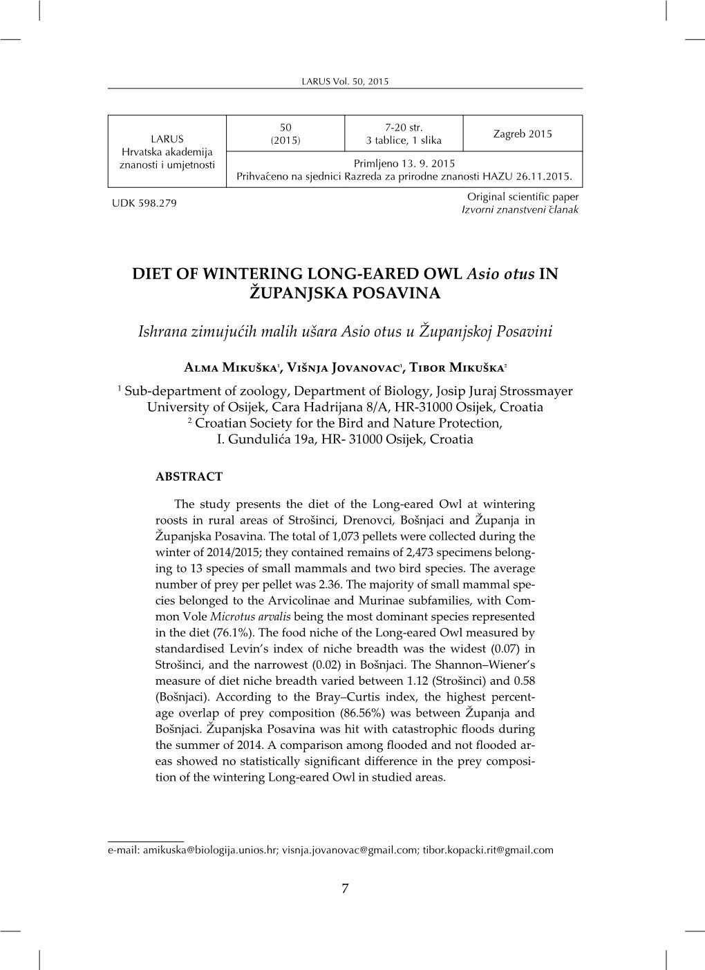 DIET of WINTERING LONG-EARED OWL Asio Otus in ŽUPANJSKA POSAVINA