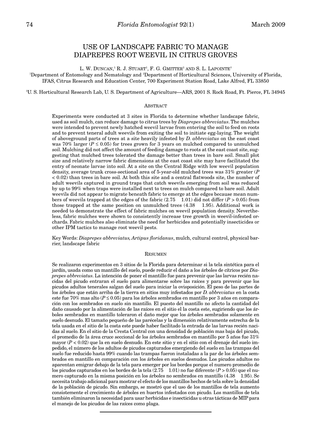 Use of Landscape Fabric to Manage Diaprepes Root Weevil in Citrus Groves