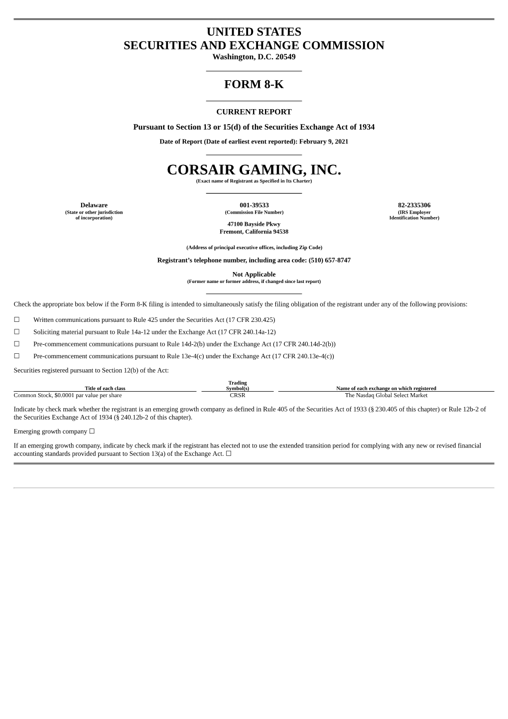 CORSAIR GAMING, INC. (Exact Name of Registrant As Specified in Its Charter)