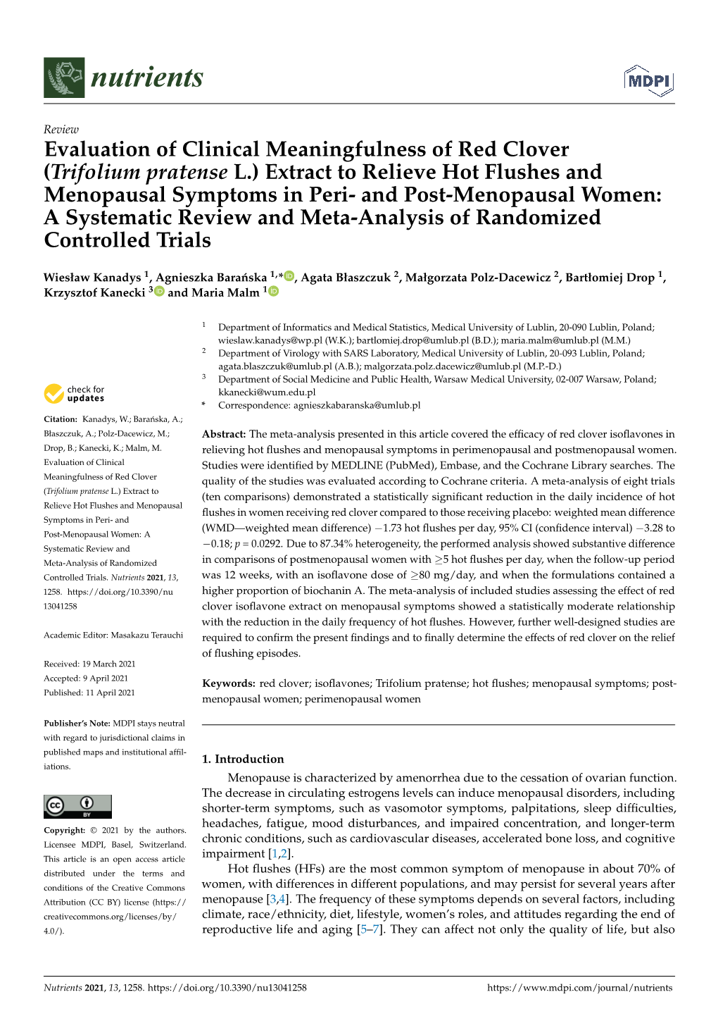 Extract to Relieve Hot Flushes and Menopausal Symptoms in Peri- and Post-Menopausal Women: a Systematic Review and Meta-Analysis of Randomized Controlled Trials