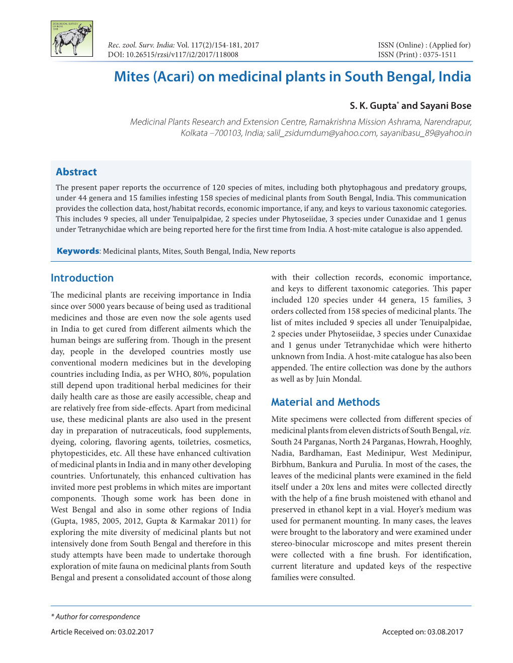 Mites (Acari) on Medicinal Plants in South Bengal, India