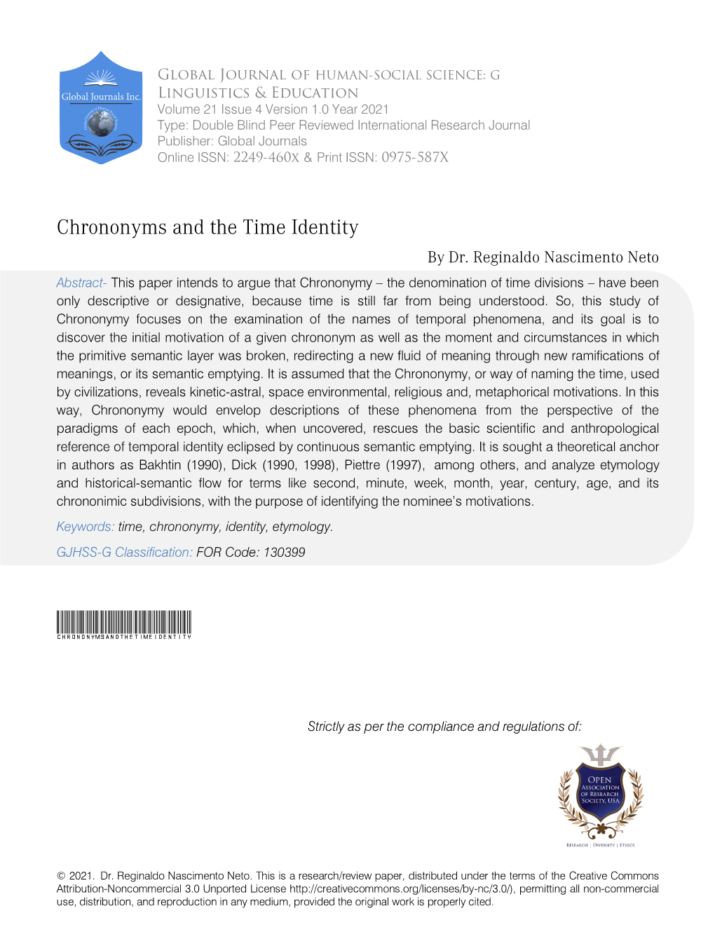 Chrononyms and the Time Identity by Dr