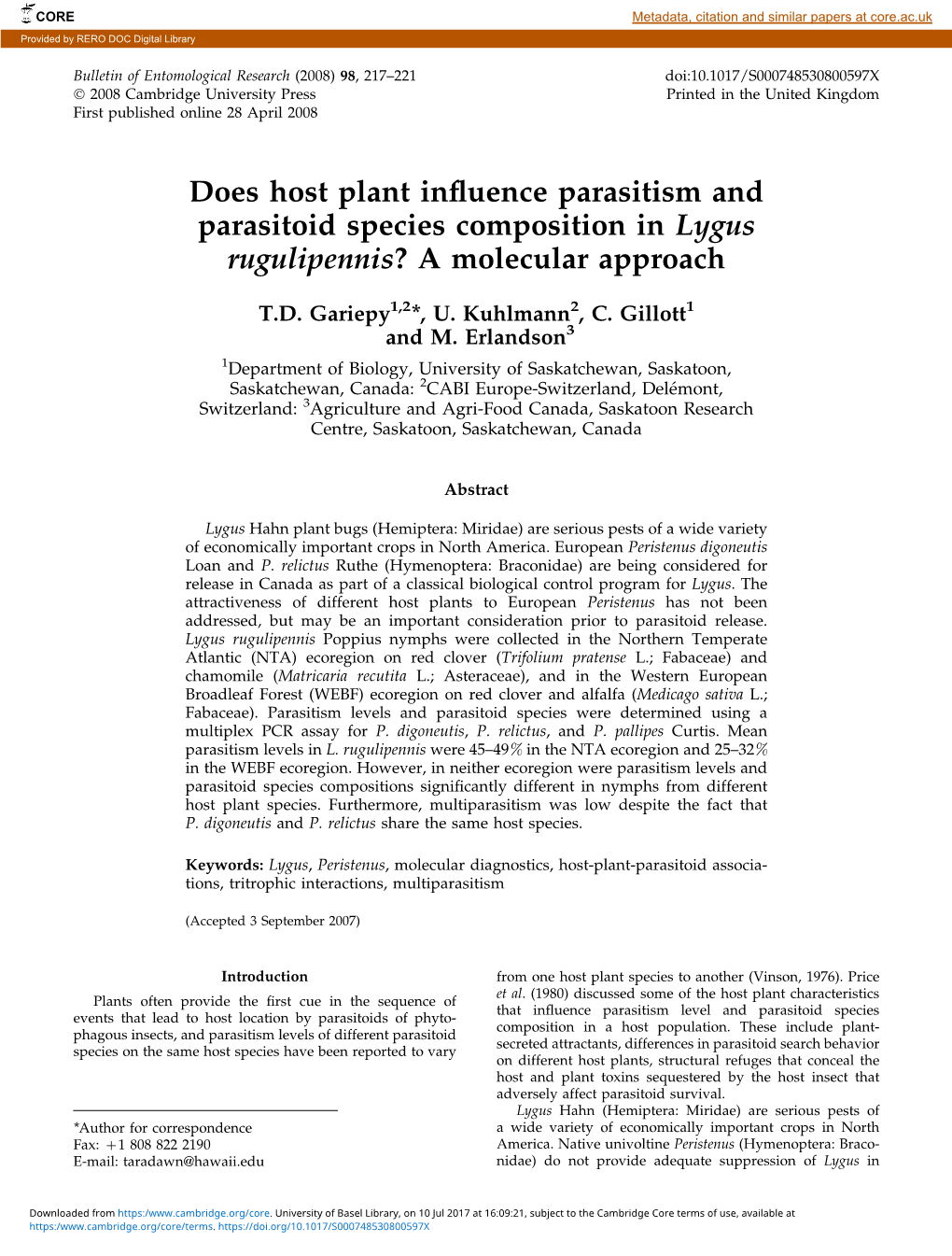 Does Host Plant Influence Parasitism and Parasitoid Species Composition in Lygus Rugulipennis?