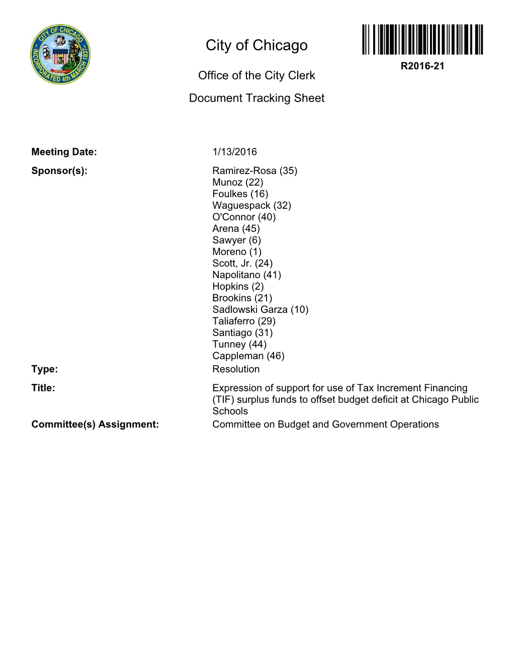 City of Chicago R2016-21 Office of the City Clerk Document Tracking Sheet