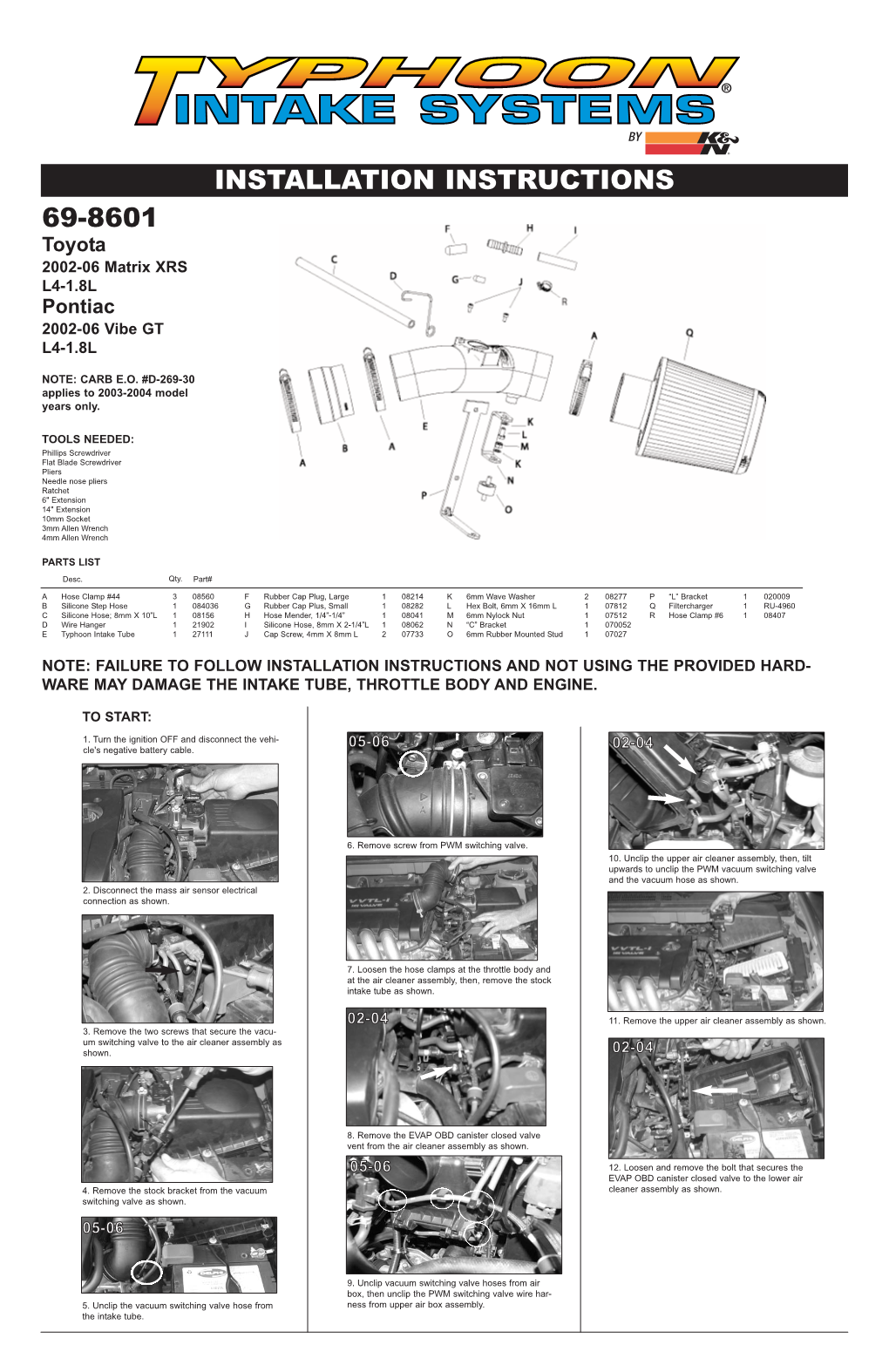 K&N 69-8601TR Air Intake Kit Installation Instructions