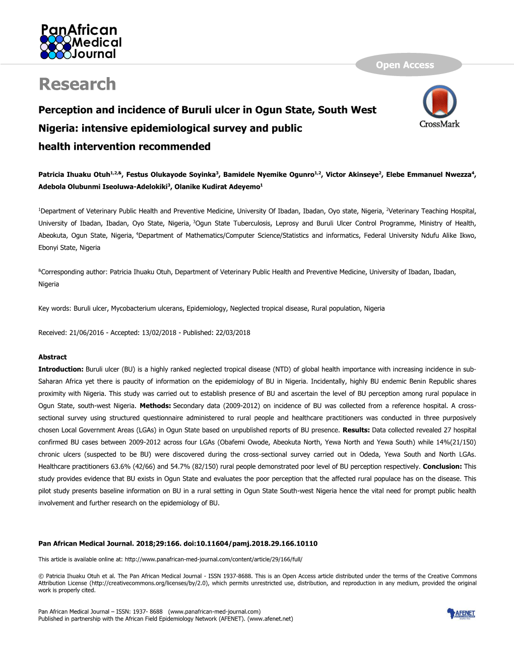 Perception and Incidence of Buruli Ulcer in Ogun State, South West Nigeria: Intensive Epidemiological Survey and Public Health Intervention Recommended