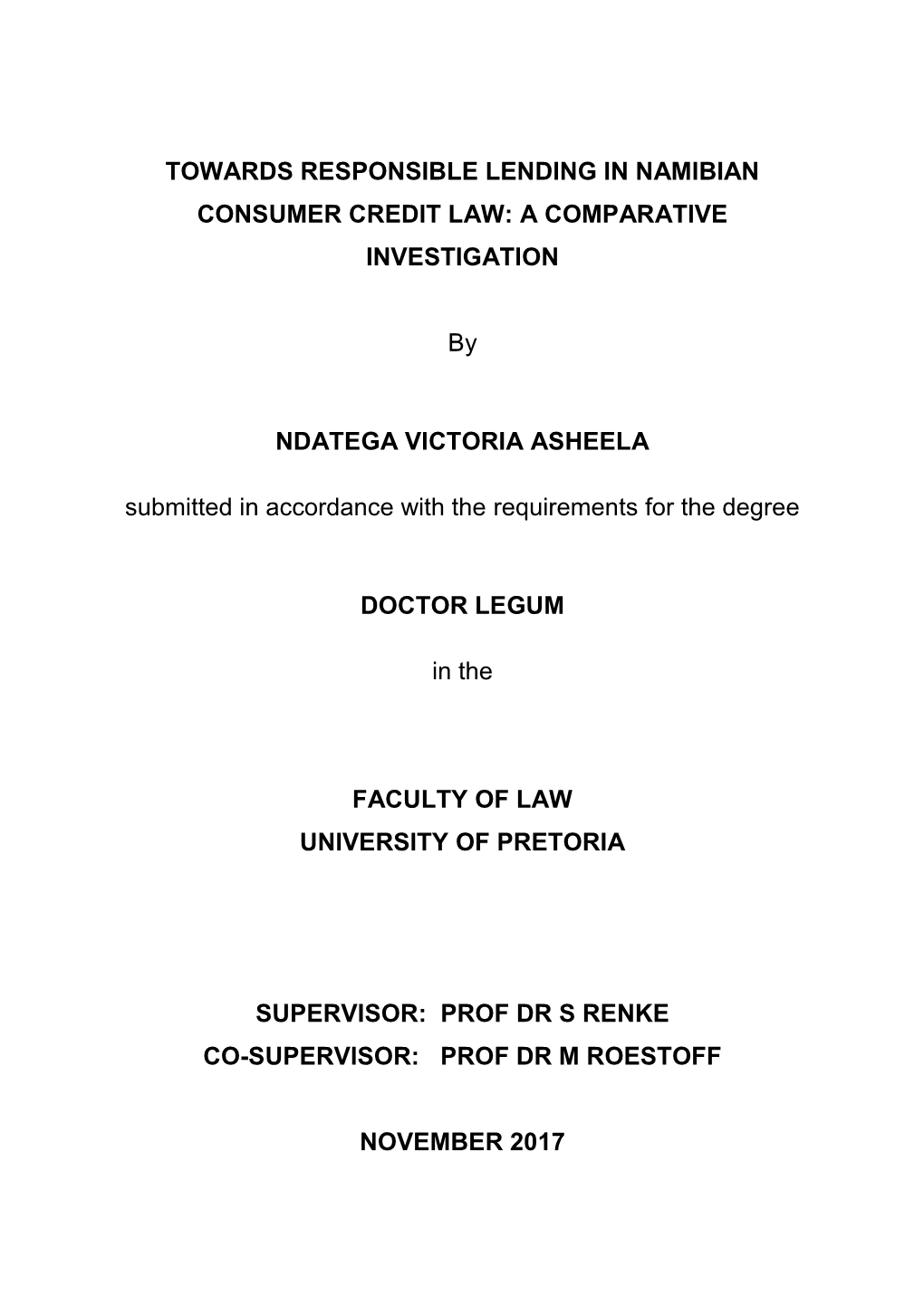 Towards Responsible Lending in Namibian Consumer Credit Law: a Comparative Investigation