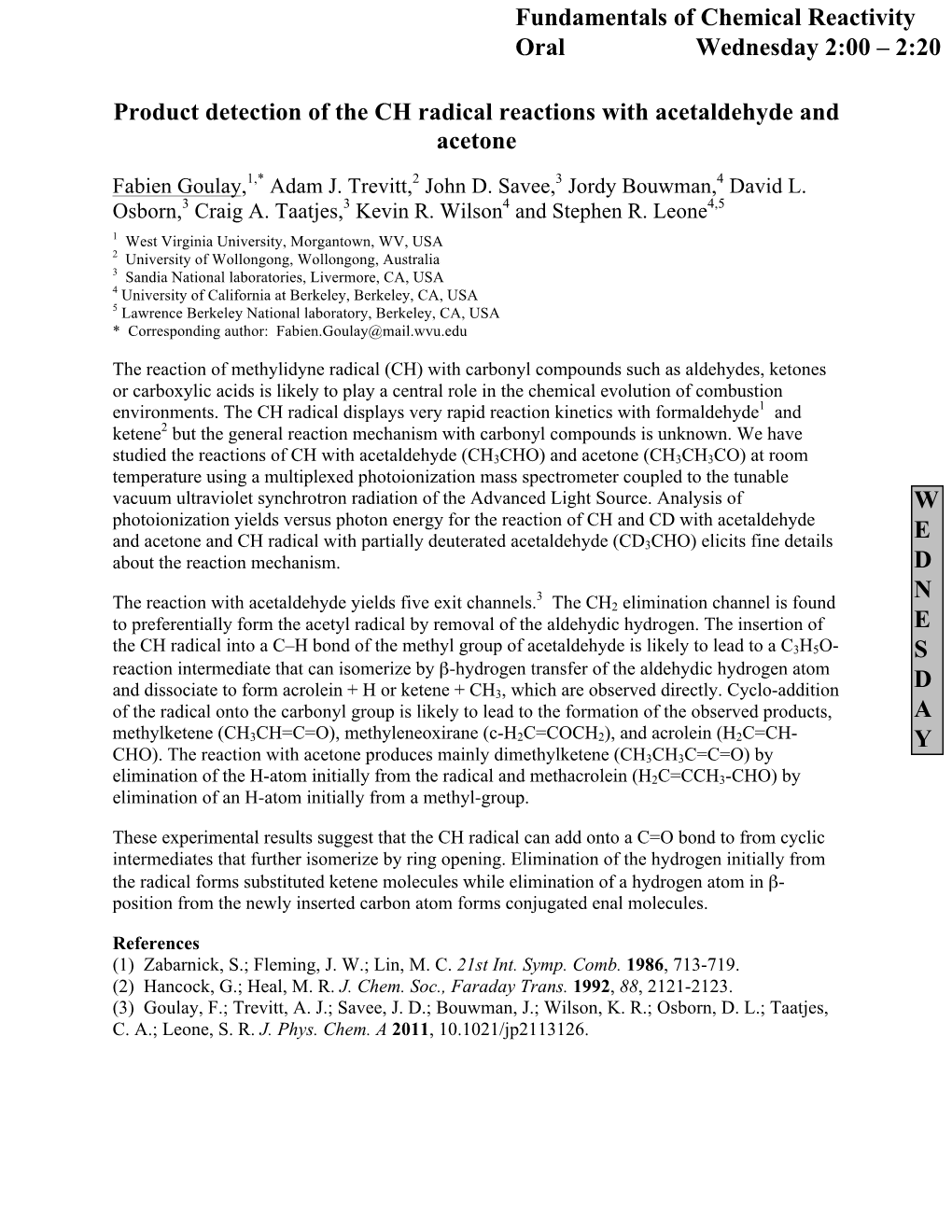 Fundamentals of Chemical Reactivity Oral Wednesday 2:00