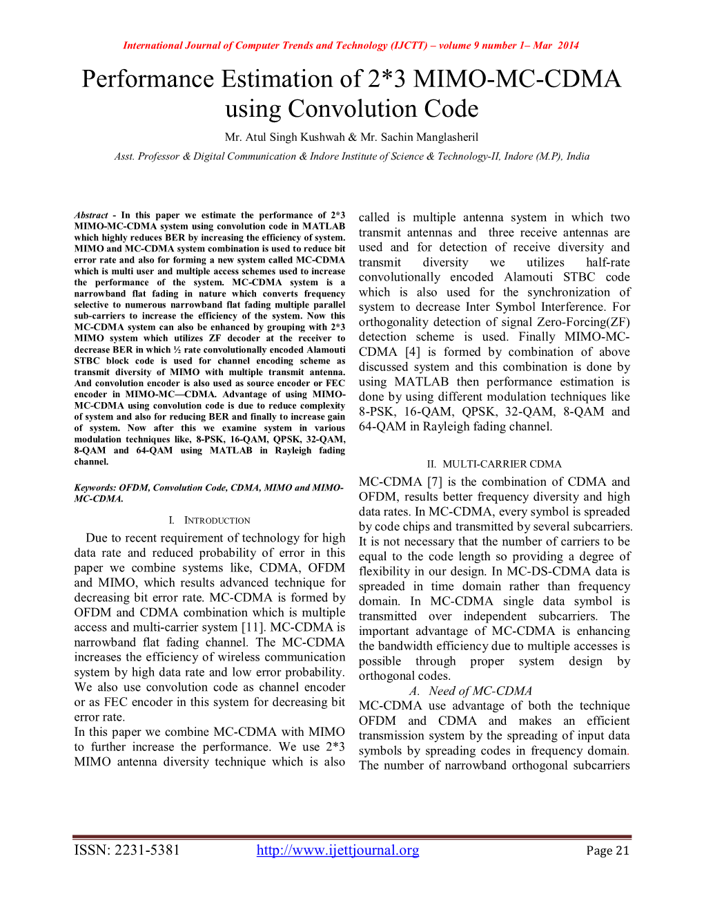 Performance Estimation of 2*3 MIMO-MC-CDMA Using Convolution Code Mr