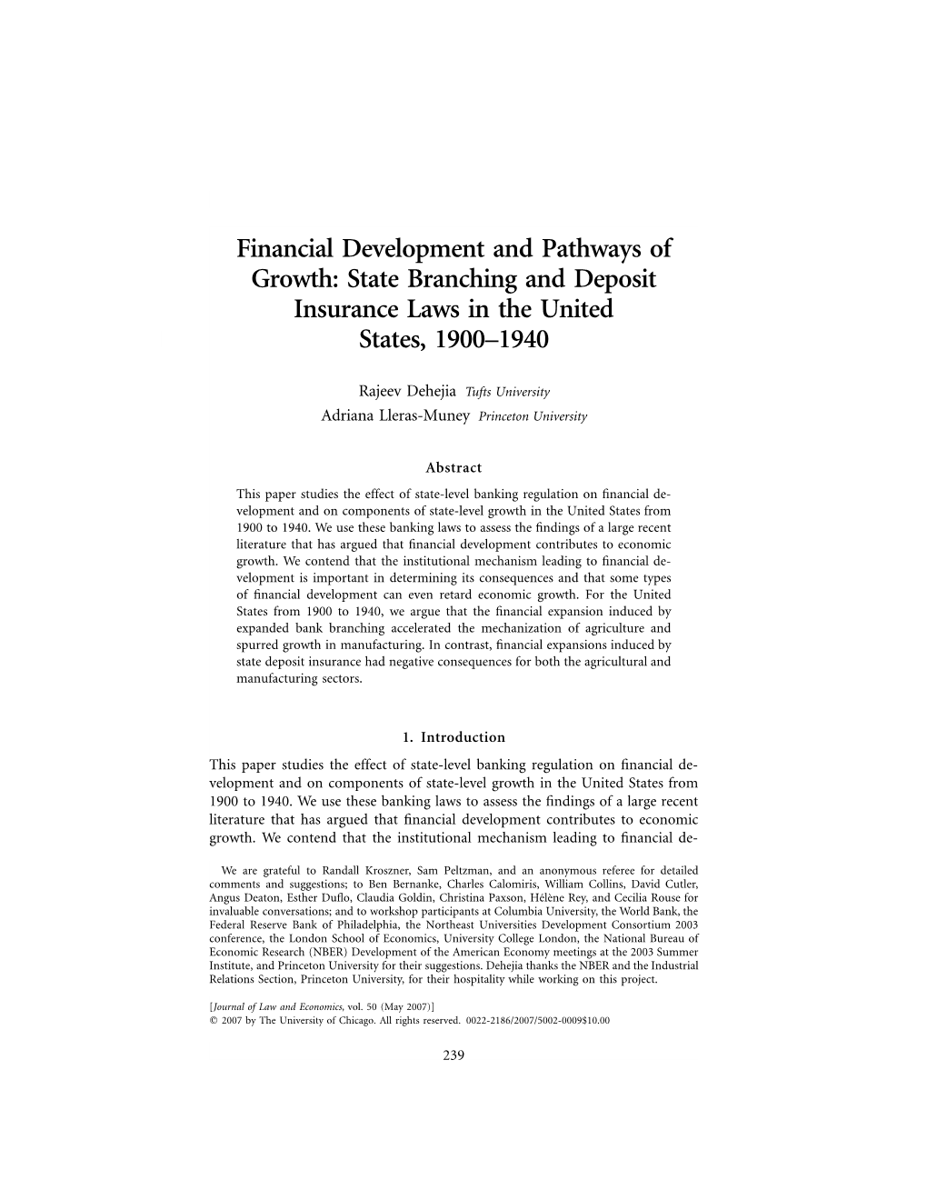 State Branching and Deposit Insurance Laws in the United States, 1900–1940
