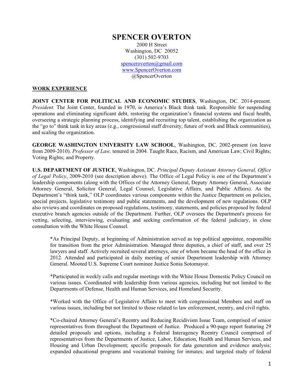 SPENCER OVERTON 2000 H Street Washington, DC 20052 (301) 502-9703 Spenceroverton@Gmail.Com @Spenceroverton