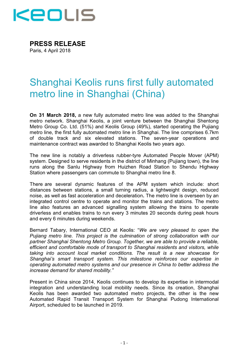 Shanghai Keolis Runs First Fully Automated Metro Line in Shanghai (China)