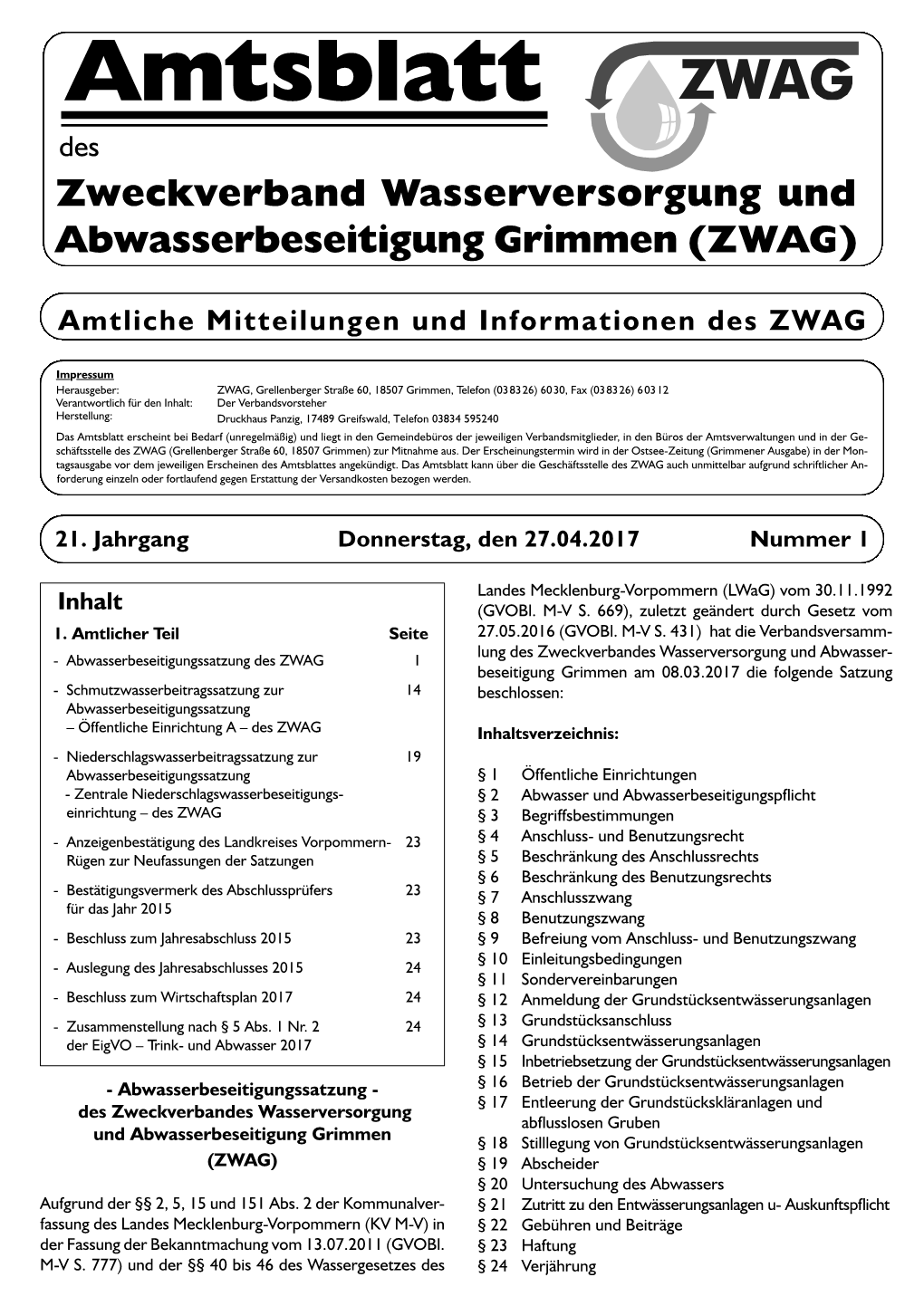 21. Jahrgang Donnerstag, Den 27.04.2017 Nummer 1