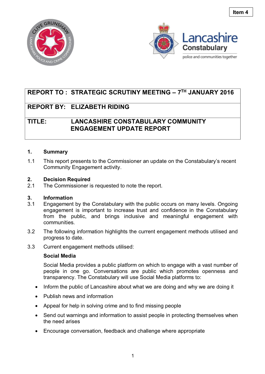 Lancashire Constabulary Community Engagement Update Report