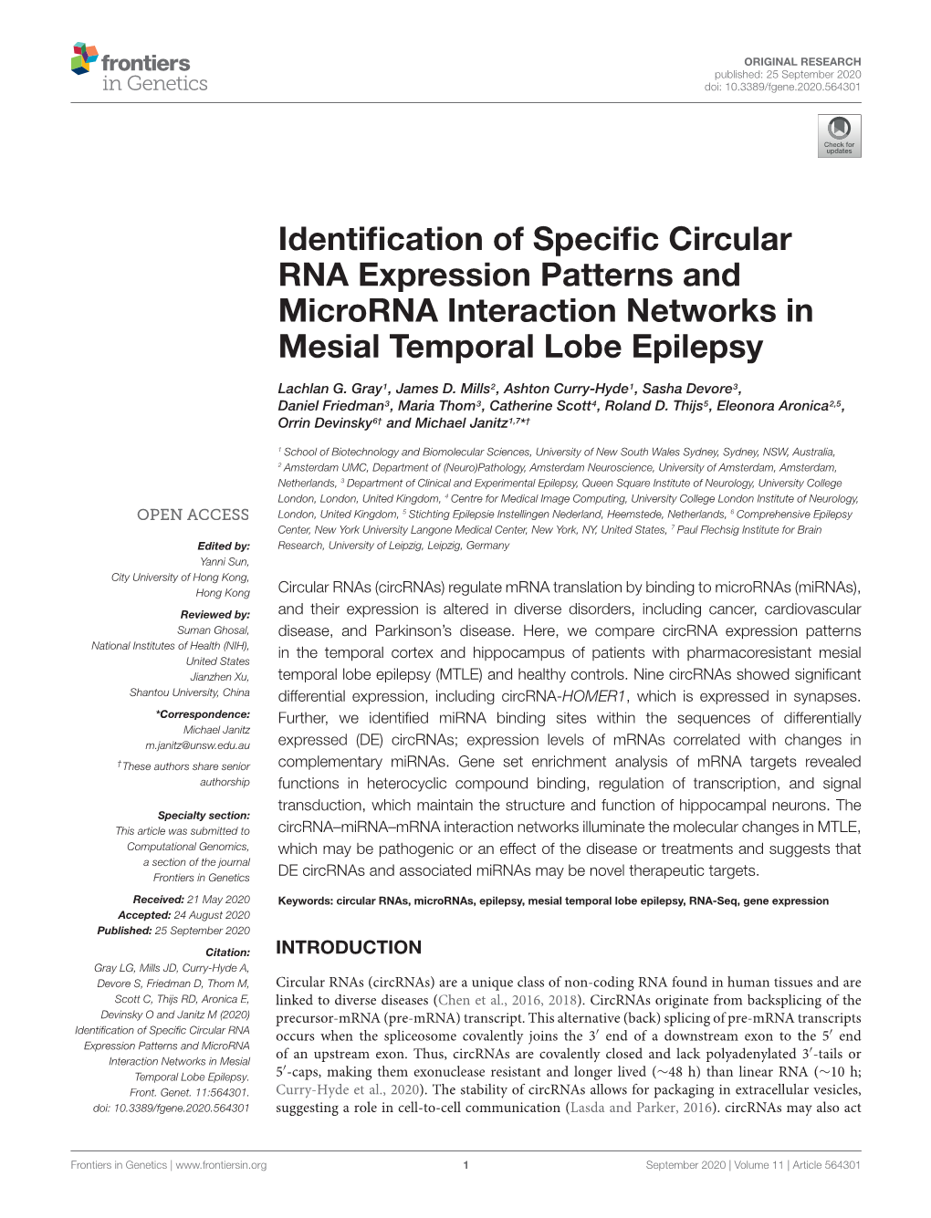 Identification of Specific Circular RNA Expression Patterns and Microrna