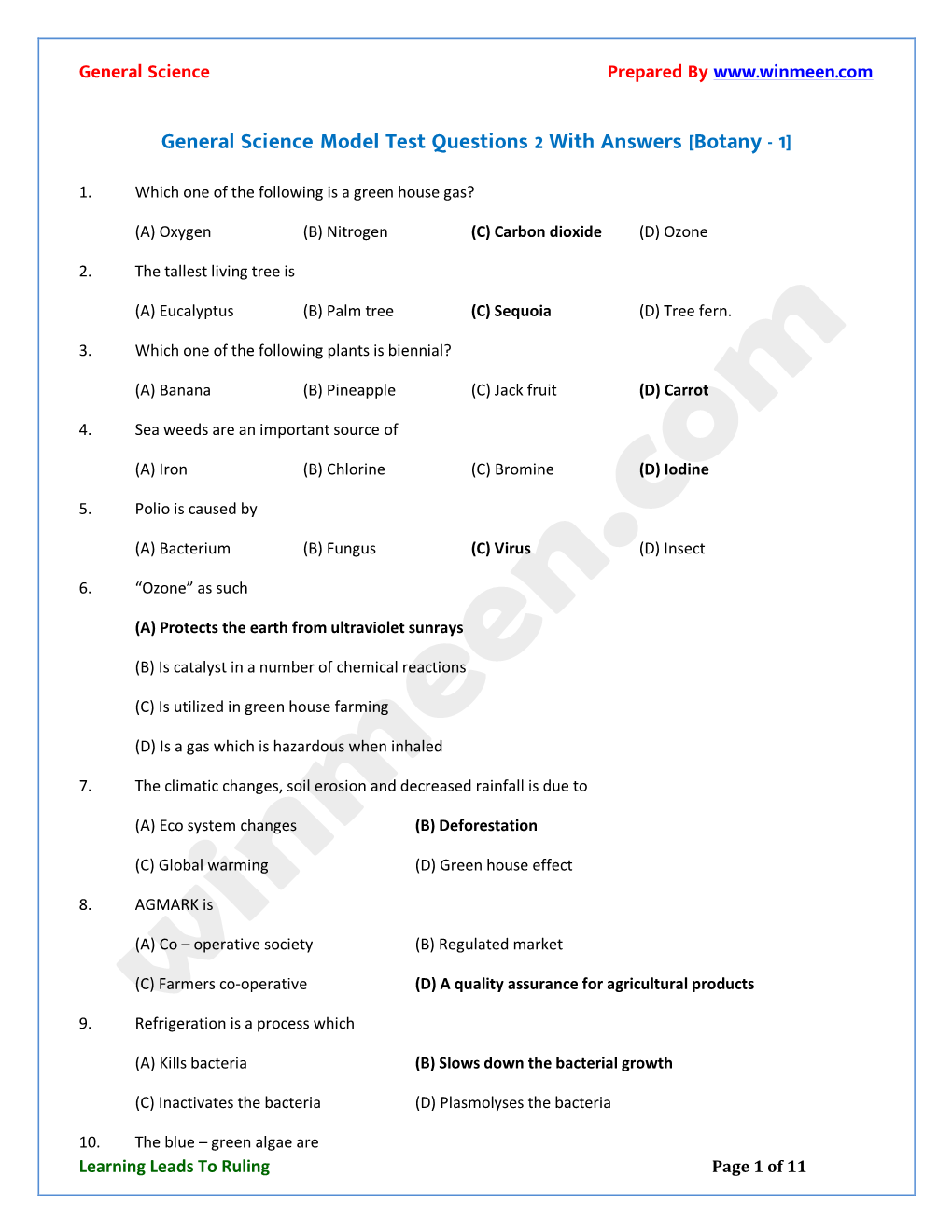 General Science Model Test Questions 2 with Answers [Botany - 1]