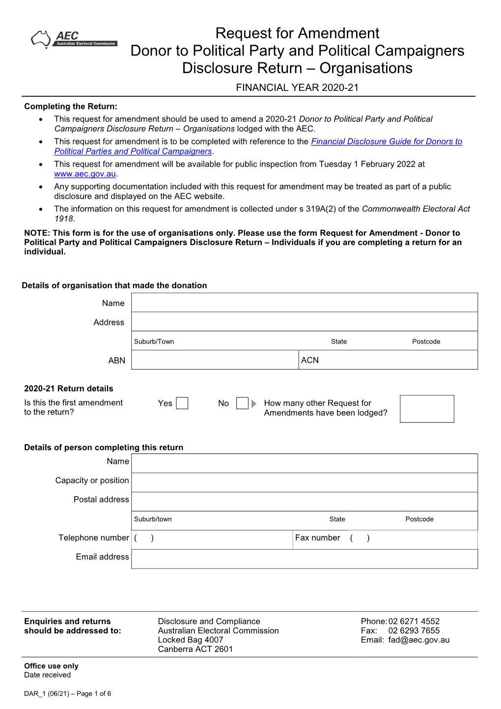 Donor to Political Party and Political Campaigner Amendment Form