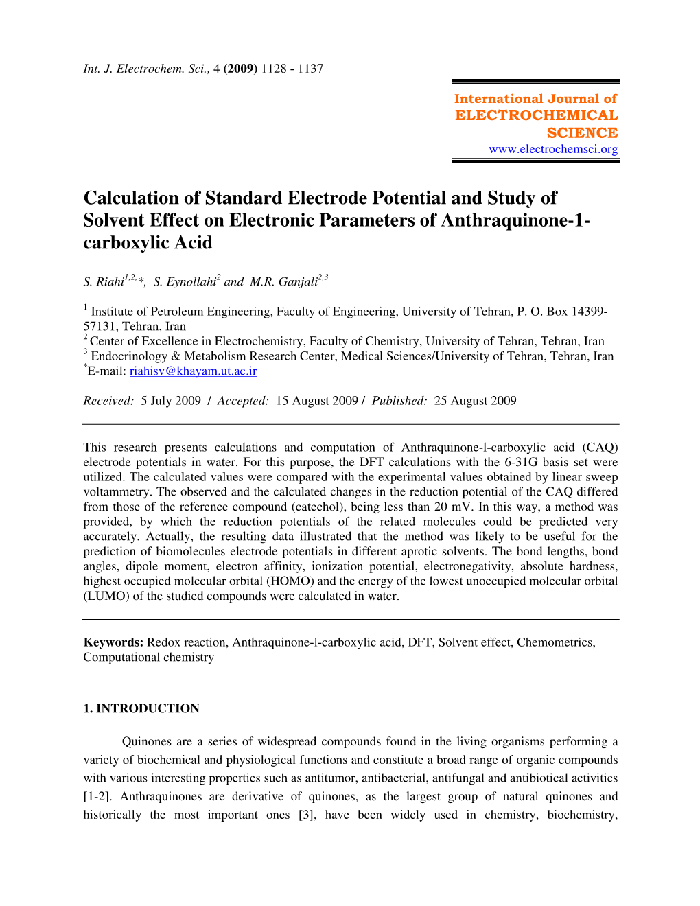 Calculation of Standard Electrode Potential and Study of Solvent Effect on Electronic Parameters of Anthraquinone-1- Carboxylic Acid