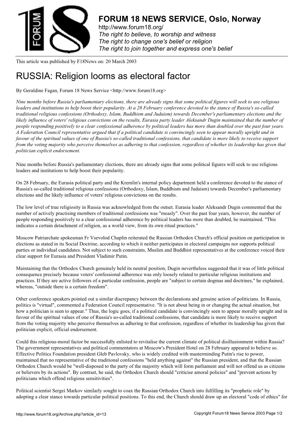 RUSSIA: Religion Looms As Electoral Factor