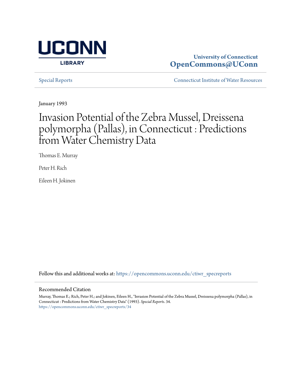 Invasion Potential of the Zebra Mussel, Dreissena Polymorpha (Pallas), in Connecticut : Predictions from Water Chemistry Data Thomas E