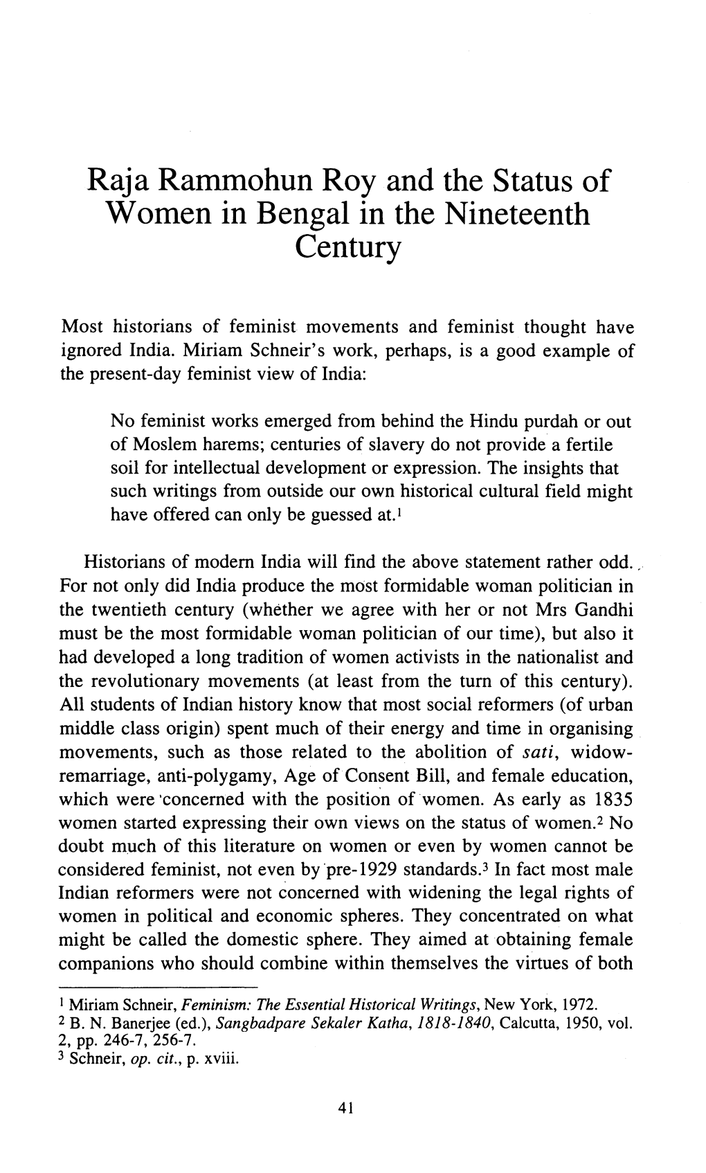 Raja Rammohun Roy and the Status of Women in Bengal in the Nineteenth Century