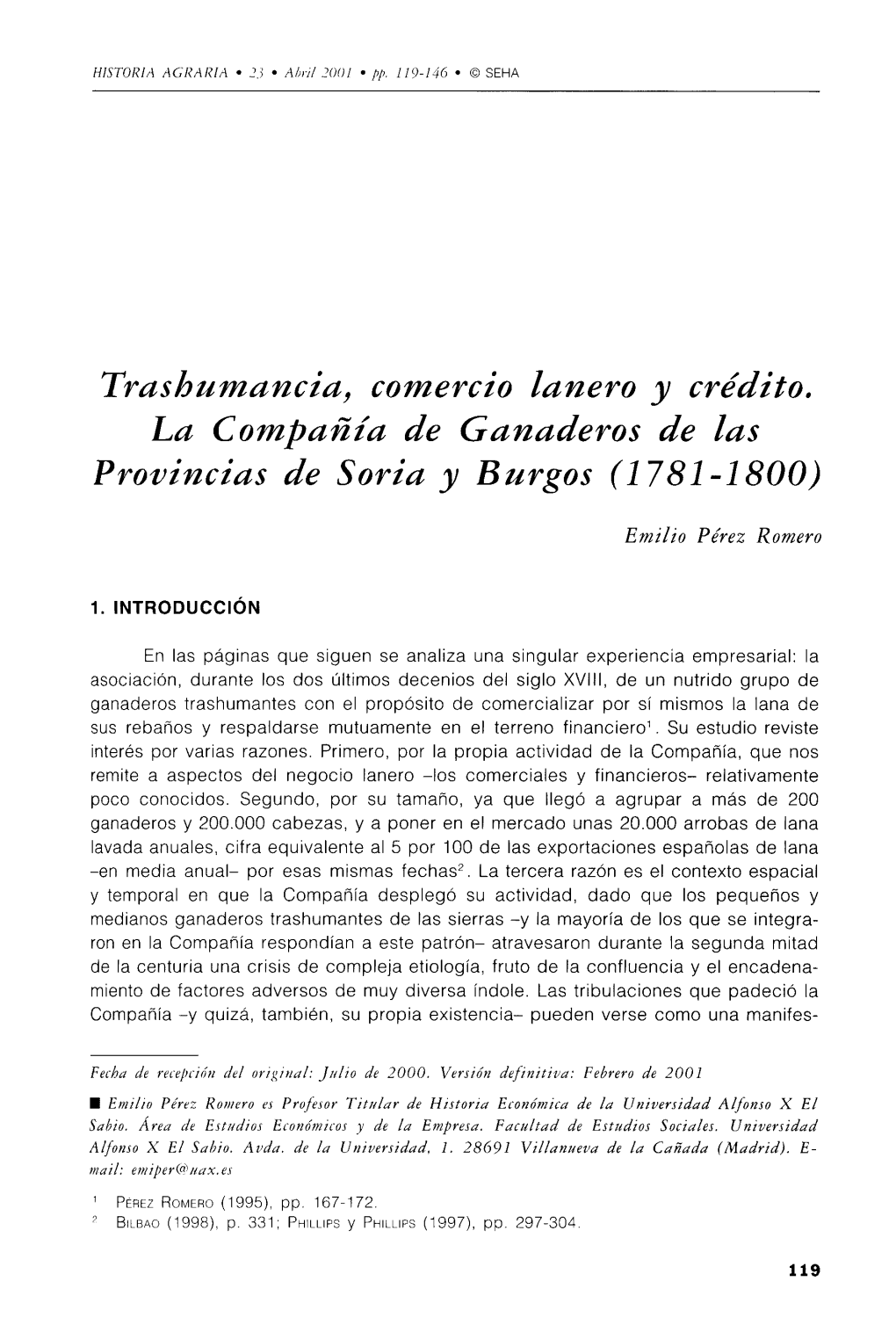 Trashumancia, Comercio Lanero Y Crédito. La Compañía De Ganaderos De Las Provincias De Soria Y Burgos (1 781 -1800)