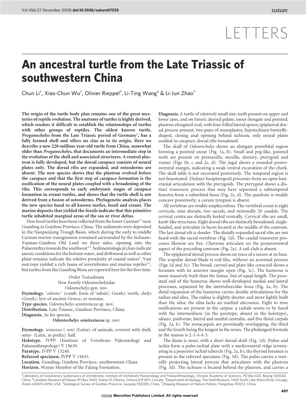 An Ancestral Turtle from the Late Triassic of Southwestern China