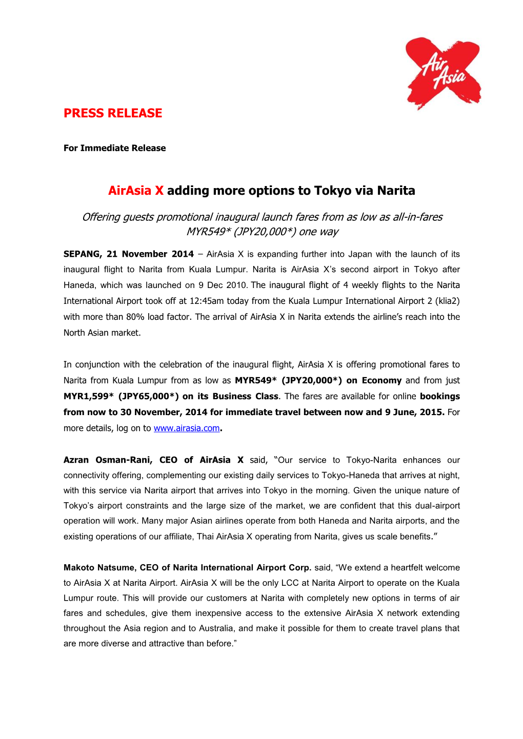 PRESS RELEASE Airasia X Adding More Options to Tokyo Via Narita