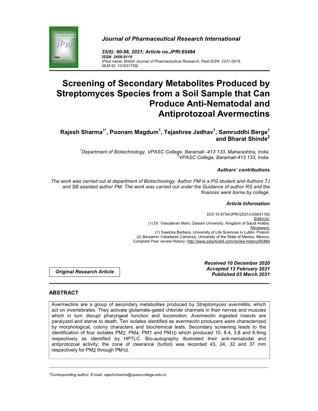 Screening of Secondary Metabolites Produced by Streptomyces Species from a Soil Sample That Can Produce Anti-Nematodal and Antiprotozoal Avermectins