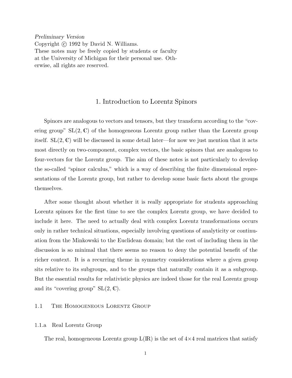 1. Introduction to Lorentz Spinors