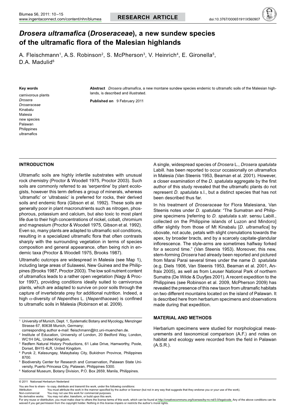 &lt;I&gt;Drosera Ultramafica&lt;/I&gt; (&lt;I&gt;Droseraceae&lt;/I&gt;), a New Sundew Species of the Ultramafic Flora of The