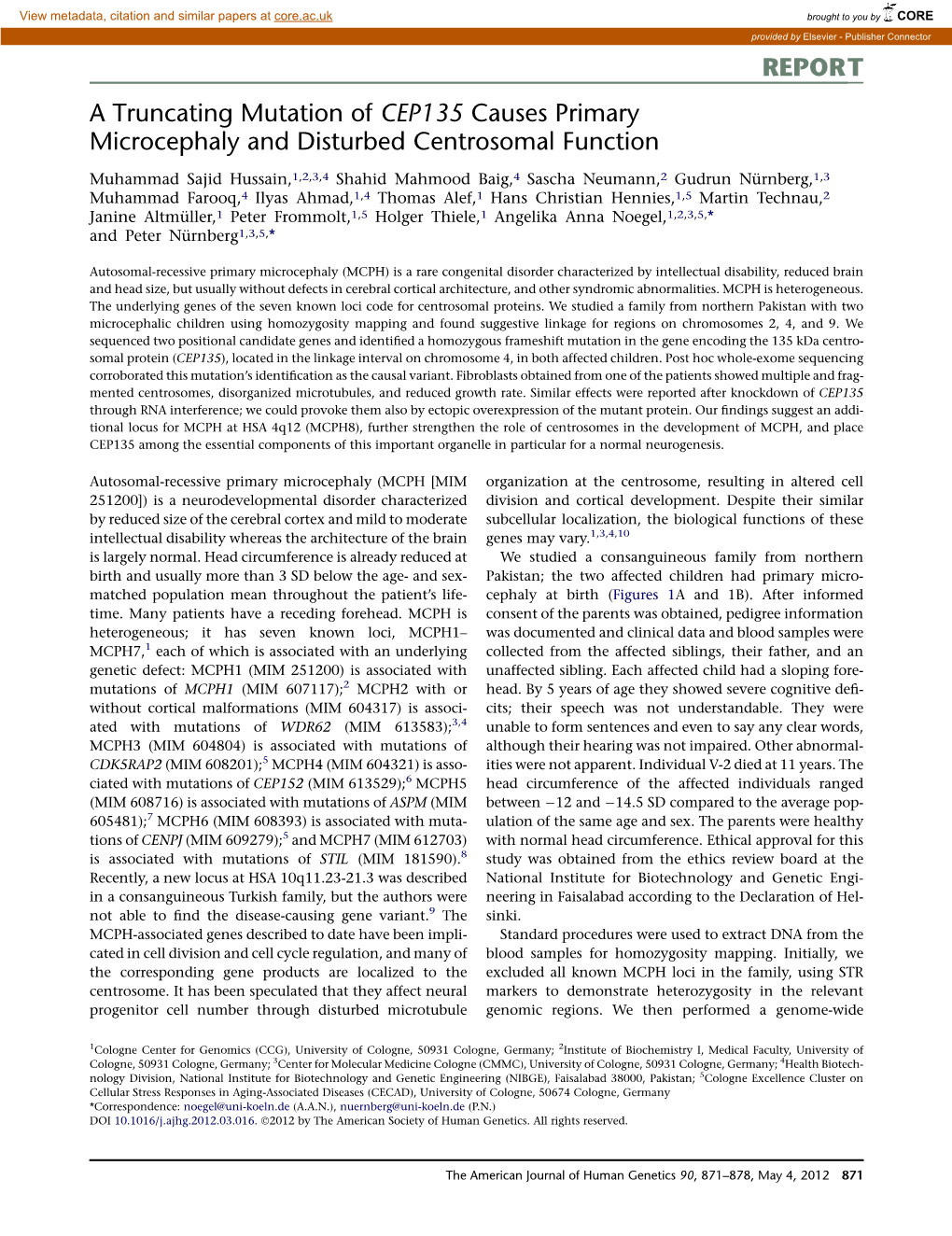 A Truncating Mutation of CEP135 Causes Primary Microcephaly and Disturbed Centrosomal Function