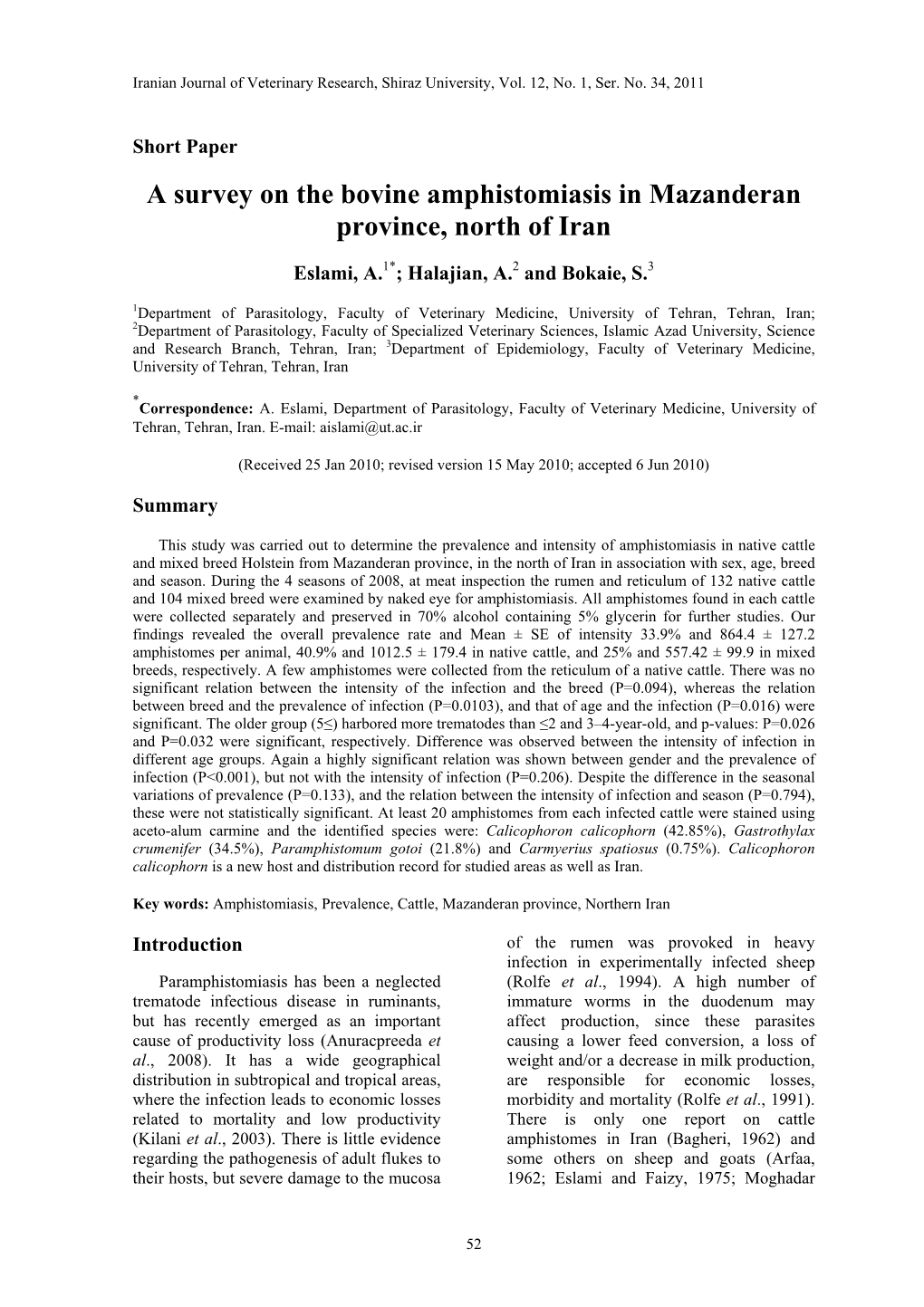 A Survey on the Bovine Amphistomiasis in Mazanderan Province, North of Iran