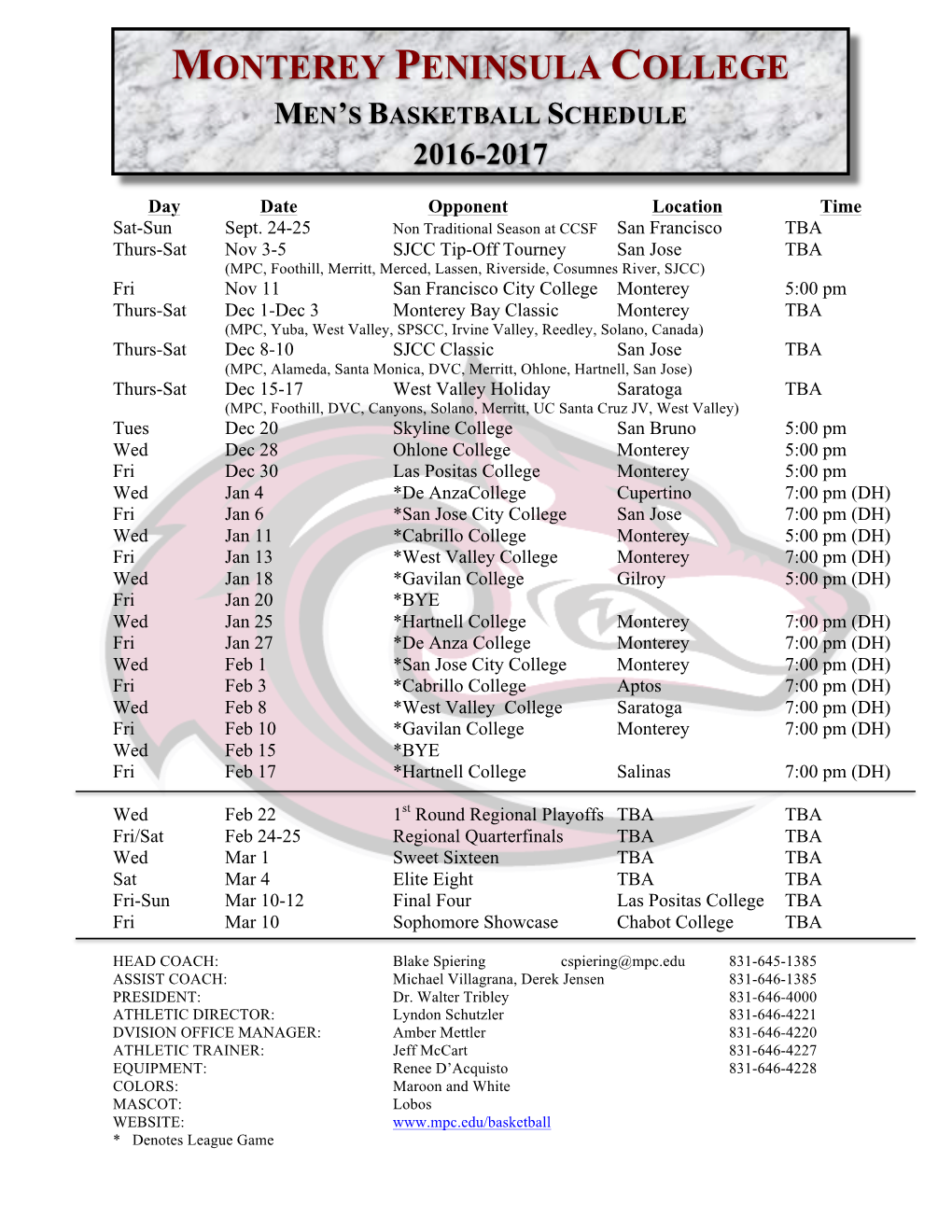 Monterey Peninsula College Men's Basketball Schedule 2016-2017