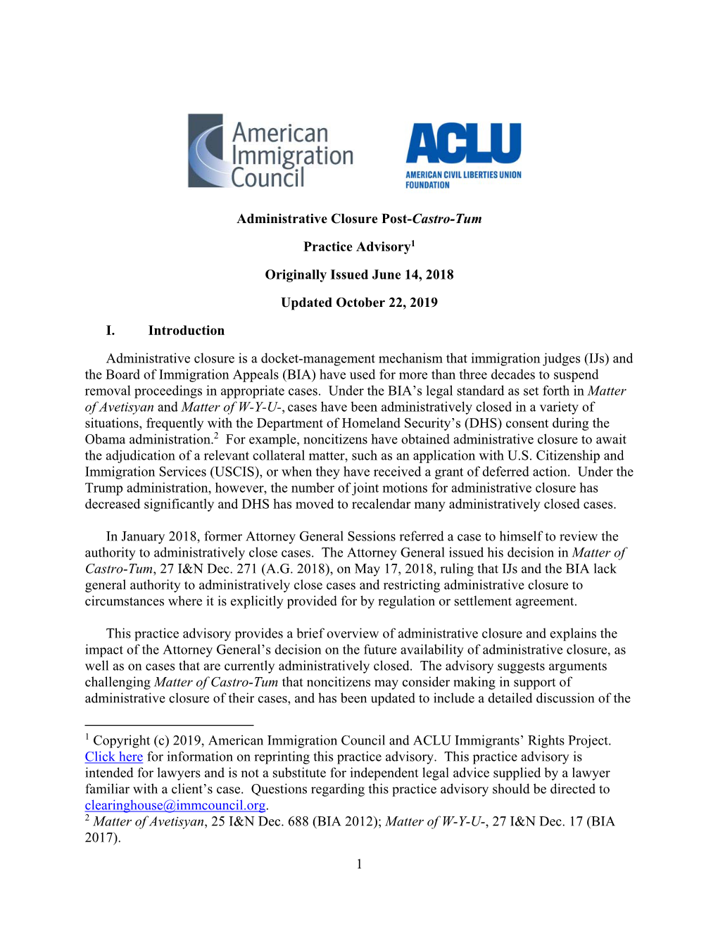 Administrative Closure Post-Castro-Tum Practice Advisory1 Originally Issued June 14, 2018 Updated October 22, 2019 I