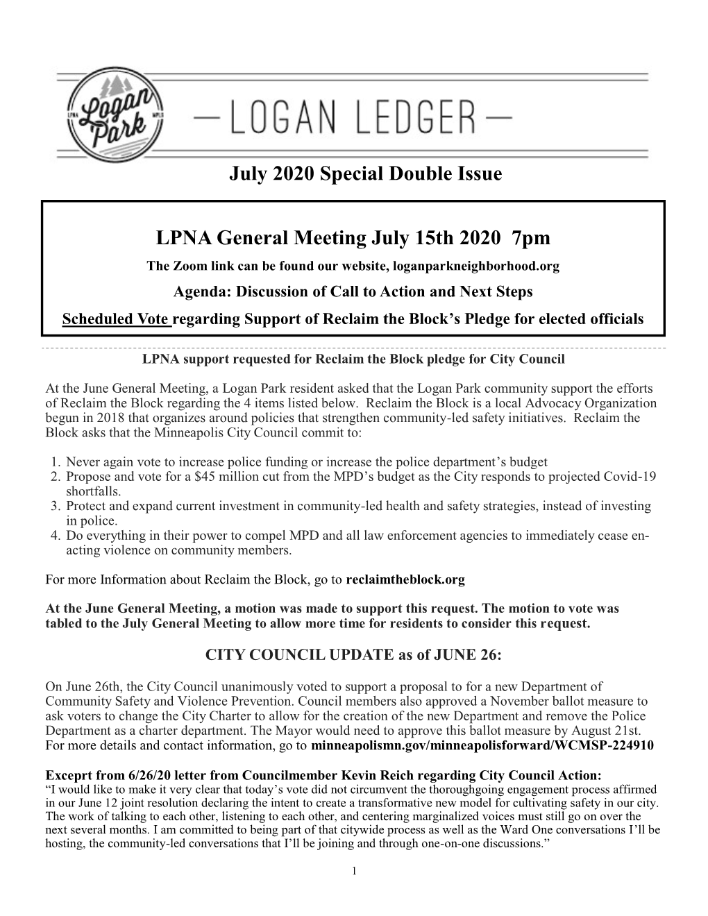 Logan Park Newsletter July 2020