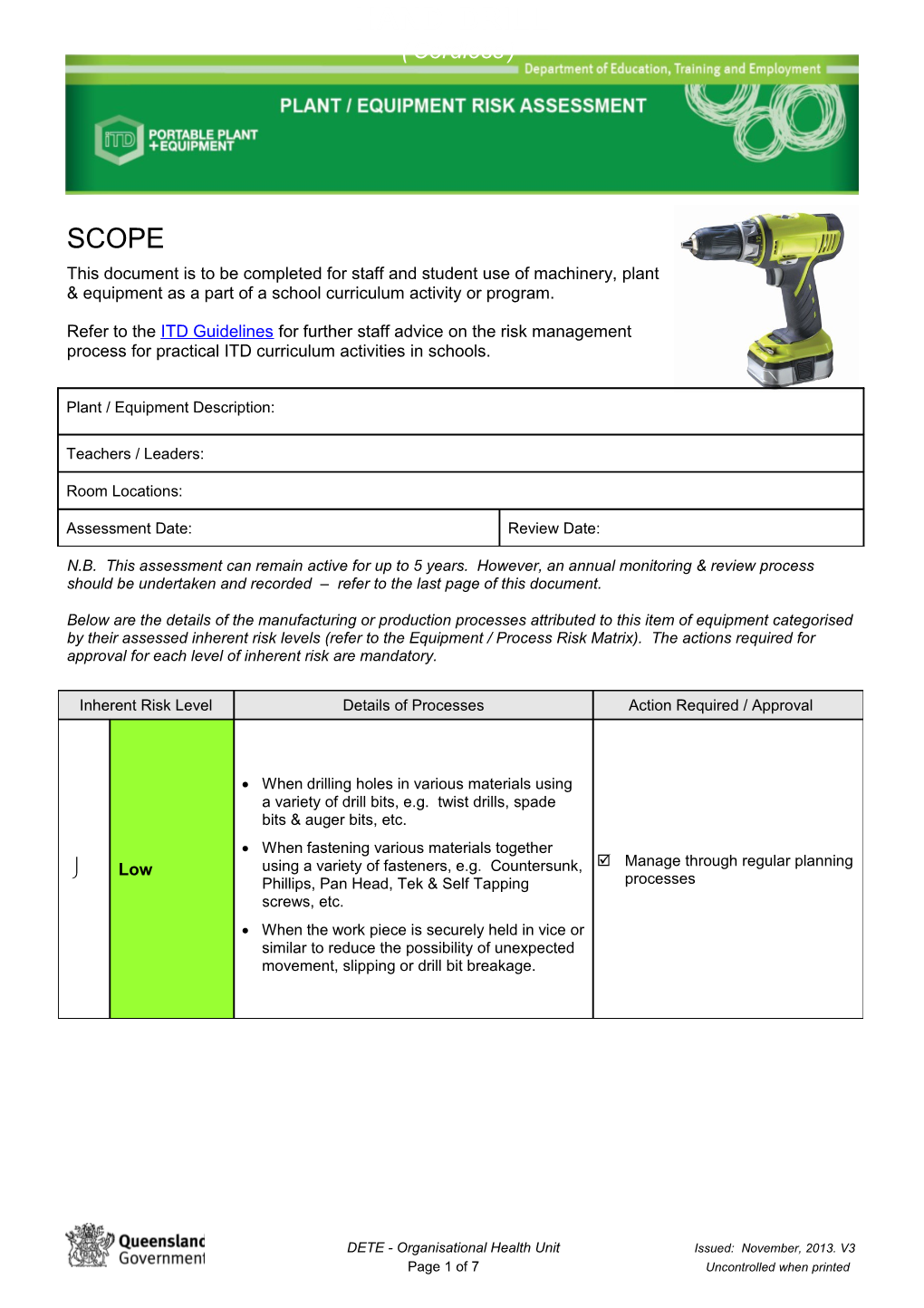 DETE - Plant & Equipment Risk Assessment s3