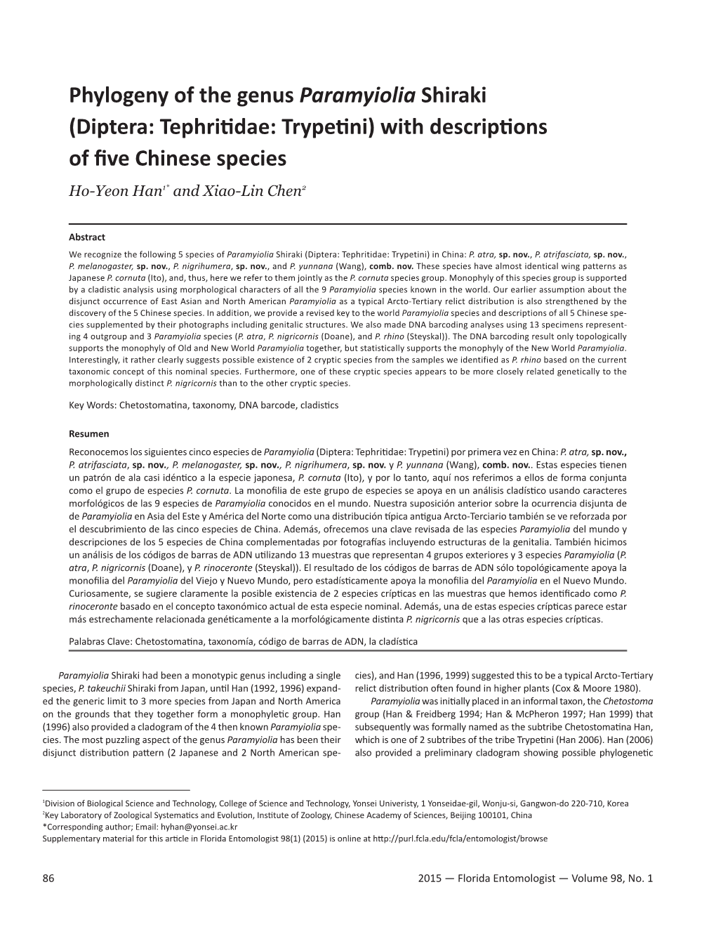 Diptera: Tephritidae: Trypetini) with Descriptions of Five Chinese Species Ho-Yeon Han1* and Xiao-Lin Chen2