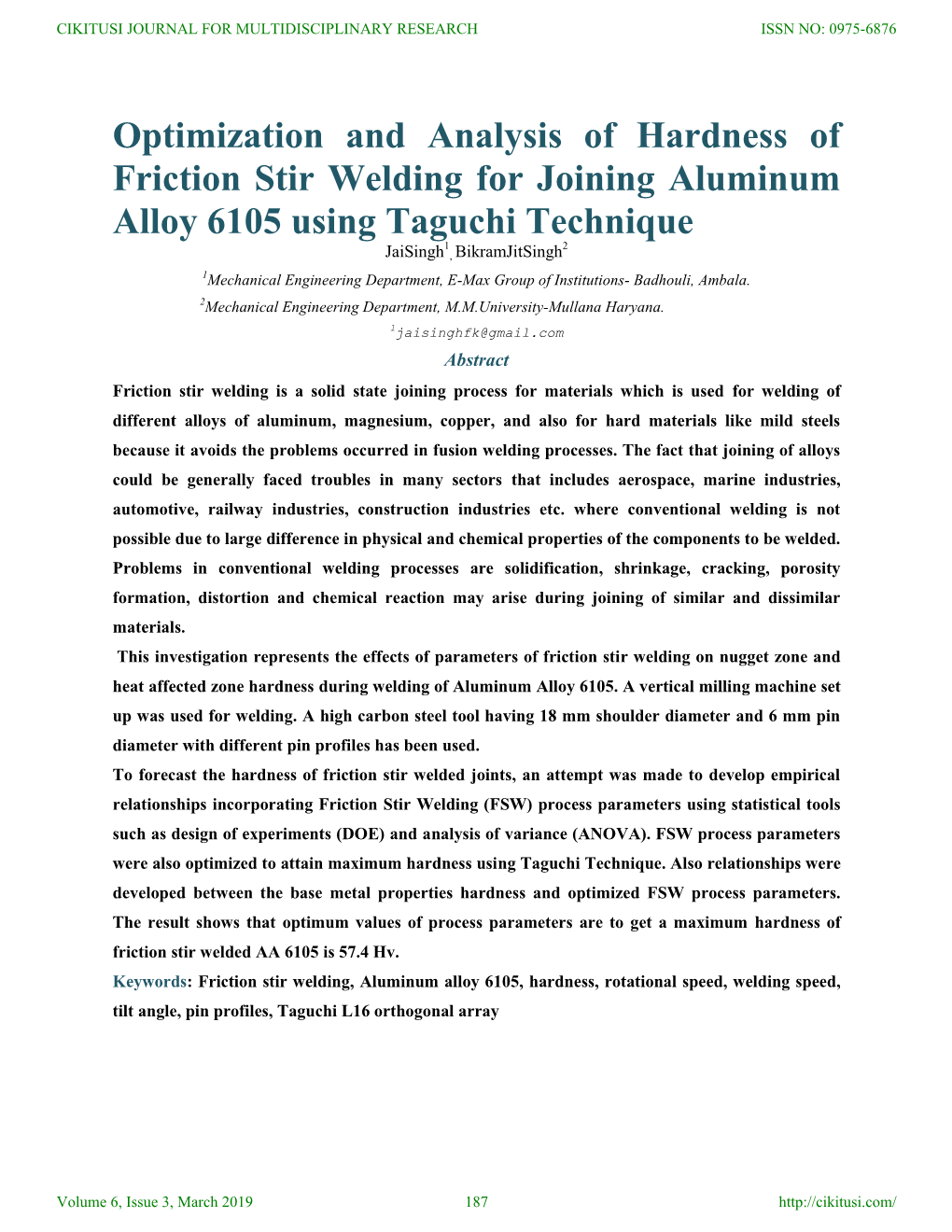Optimization and Analysis of Hardness of Friction Stir Welding For