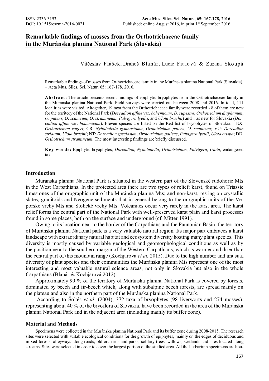 Remarkable Findings of Mosses from the Orthotrichaceae Family in the Muránska Planina National Park (Slovakia)