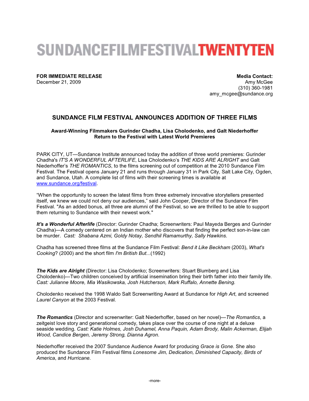 Sundance Film Festival Announces Addition of Three Films