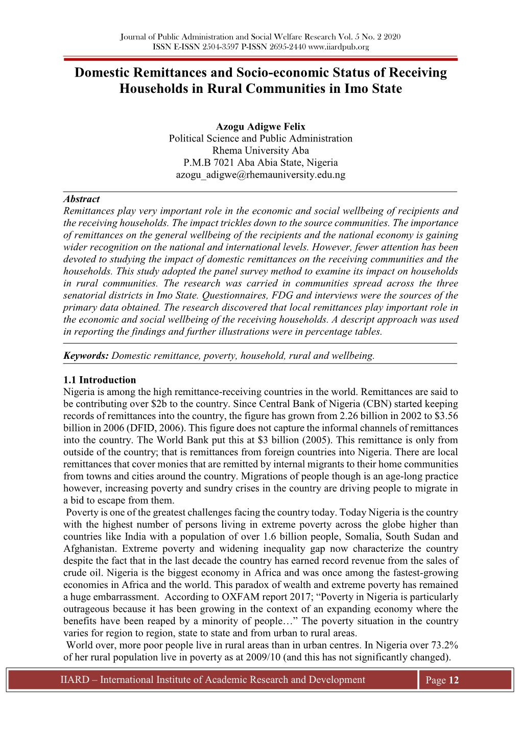 Domestic Remittances and Socio-Economic Status of Receiving Households in Rural Communities in Imo State