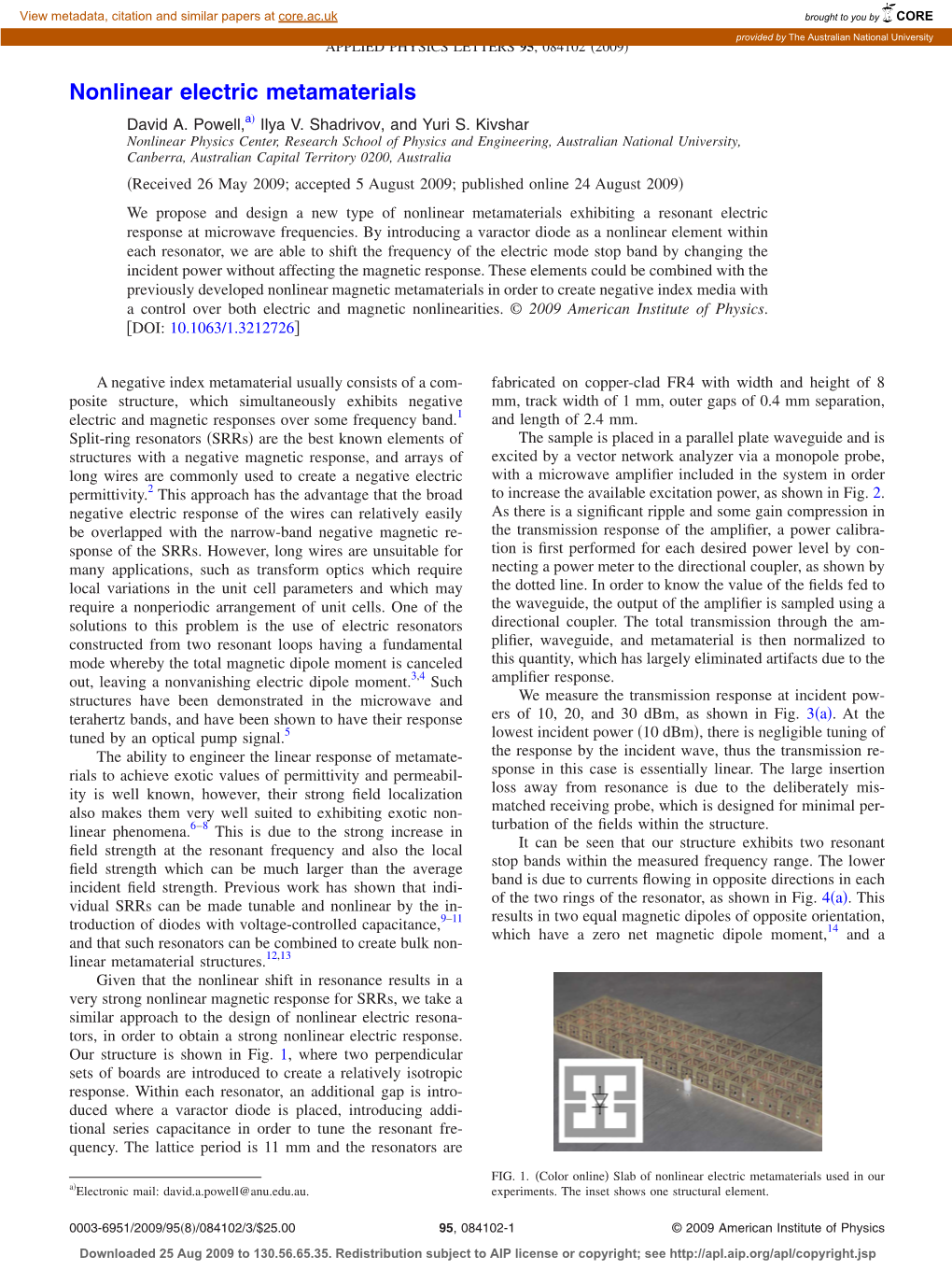 Nonlinear Electric Metamaterials ͒ David A