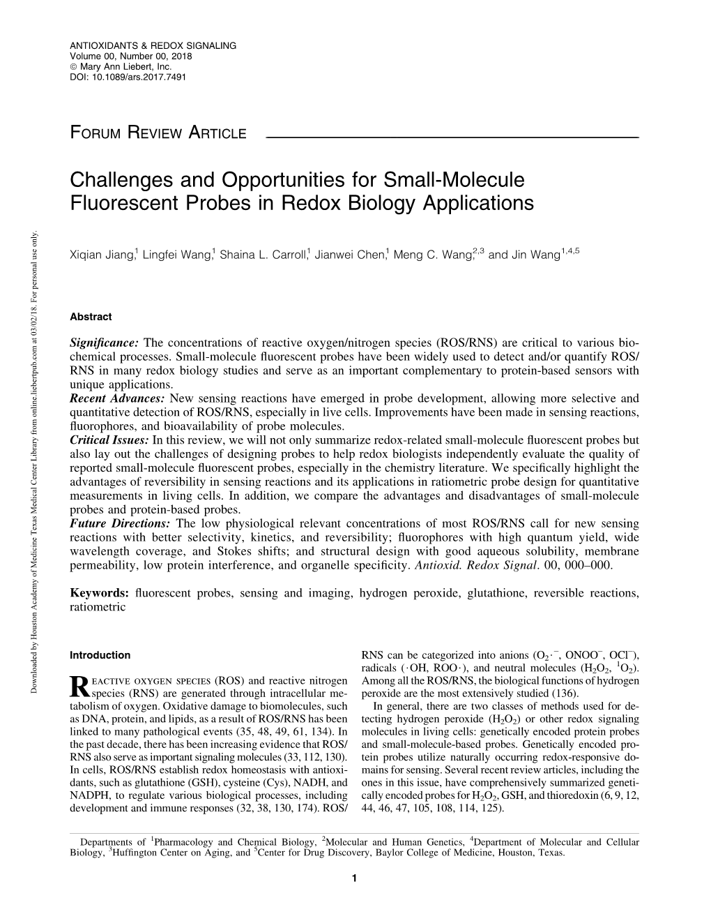 Challenges and Opportunities for Small-Molecule Fluorescent Probes in Redox Biology Applications